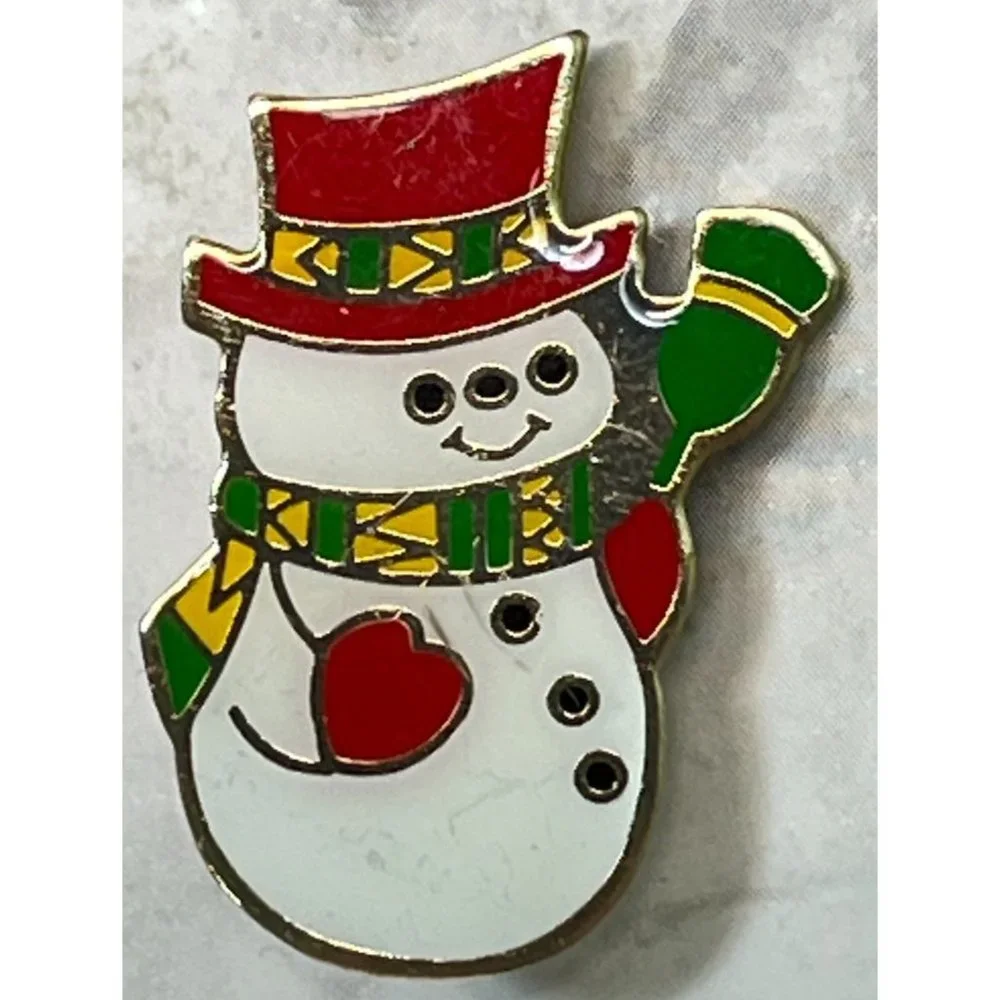 Vintage Christmas Pin Snowman Brooch Enamel Red Hat Gold Tone
